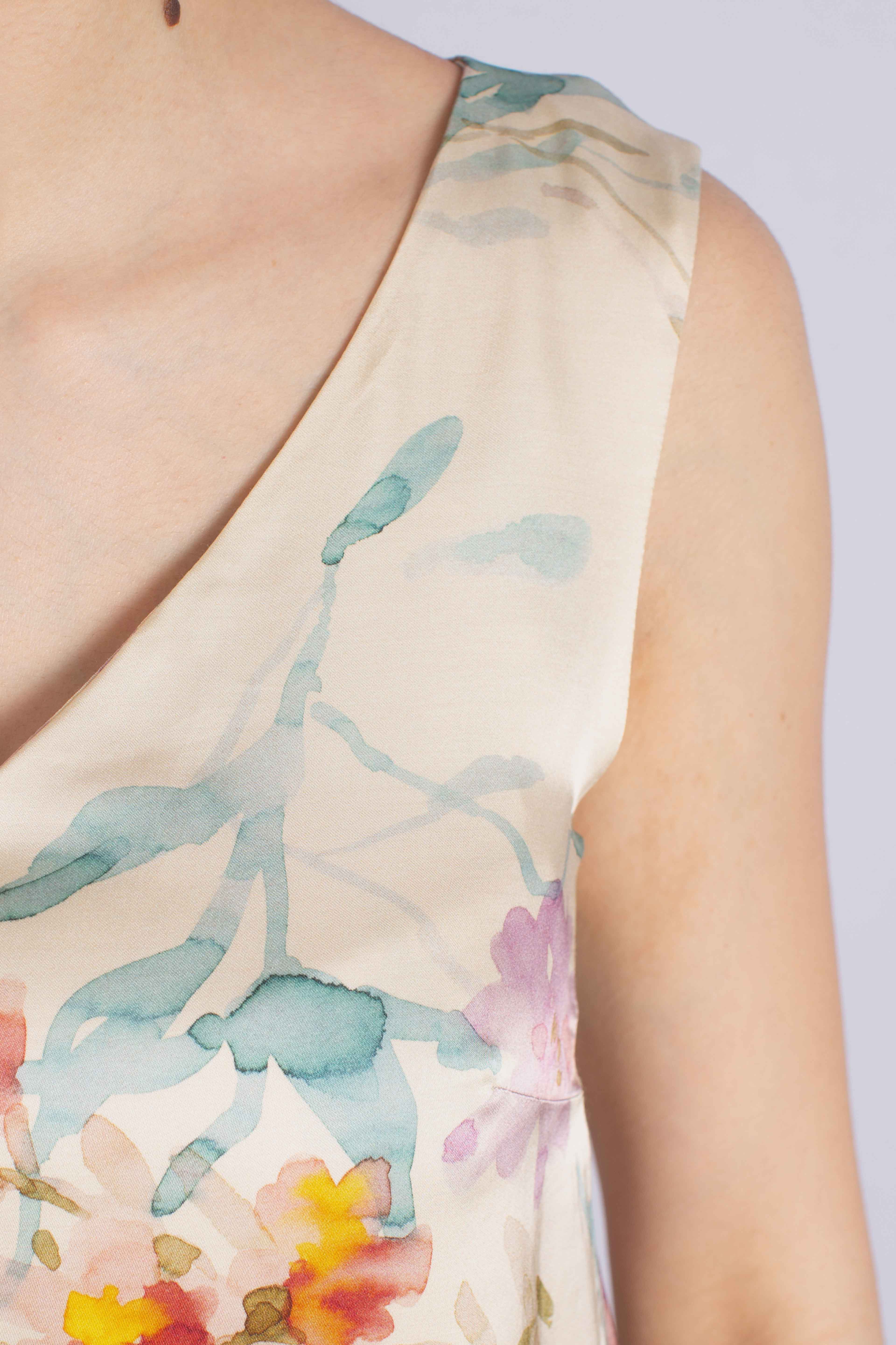 Blusa Top smanicato in viscosa stampa floreale avorio multicolor