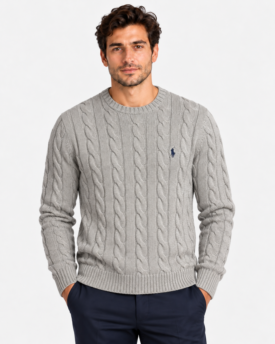 Polo Ralph Lauren Maglia Uomo a Trecce Grigia in Cotone