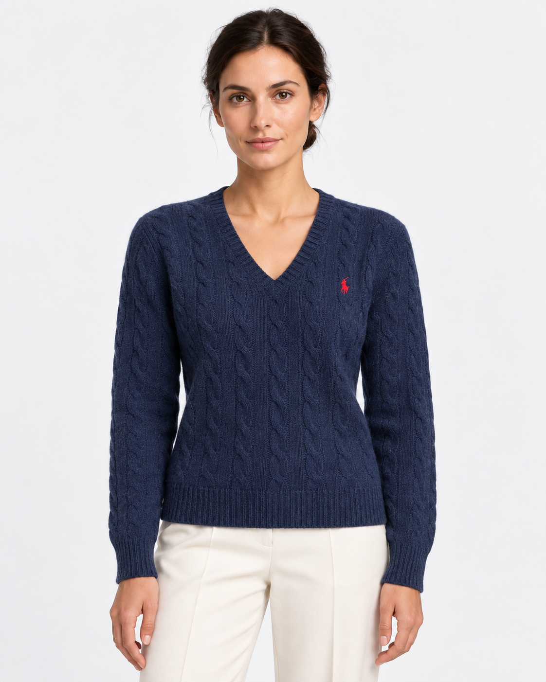 Maglione a collo a V in lana e cashmere a trecce blu