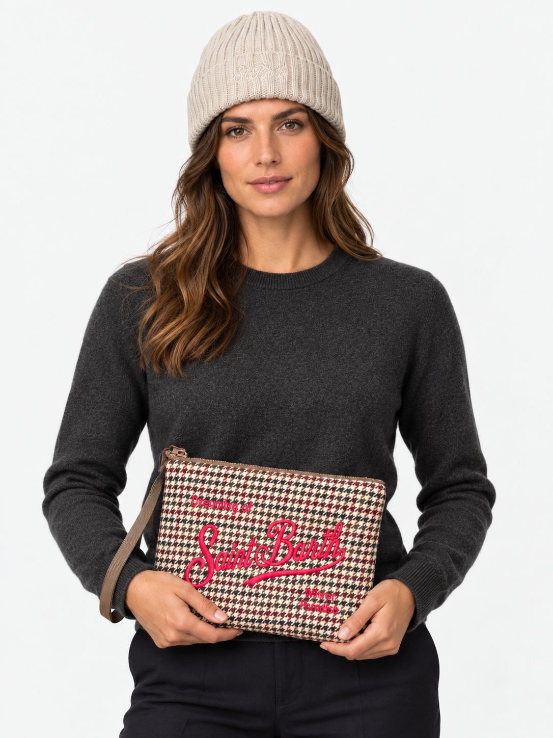 MC2 Saint Barth Christmas Box Donna con Berretto Beige e Pochette Pied-de-Poule