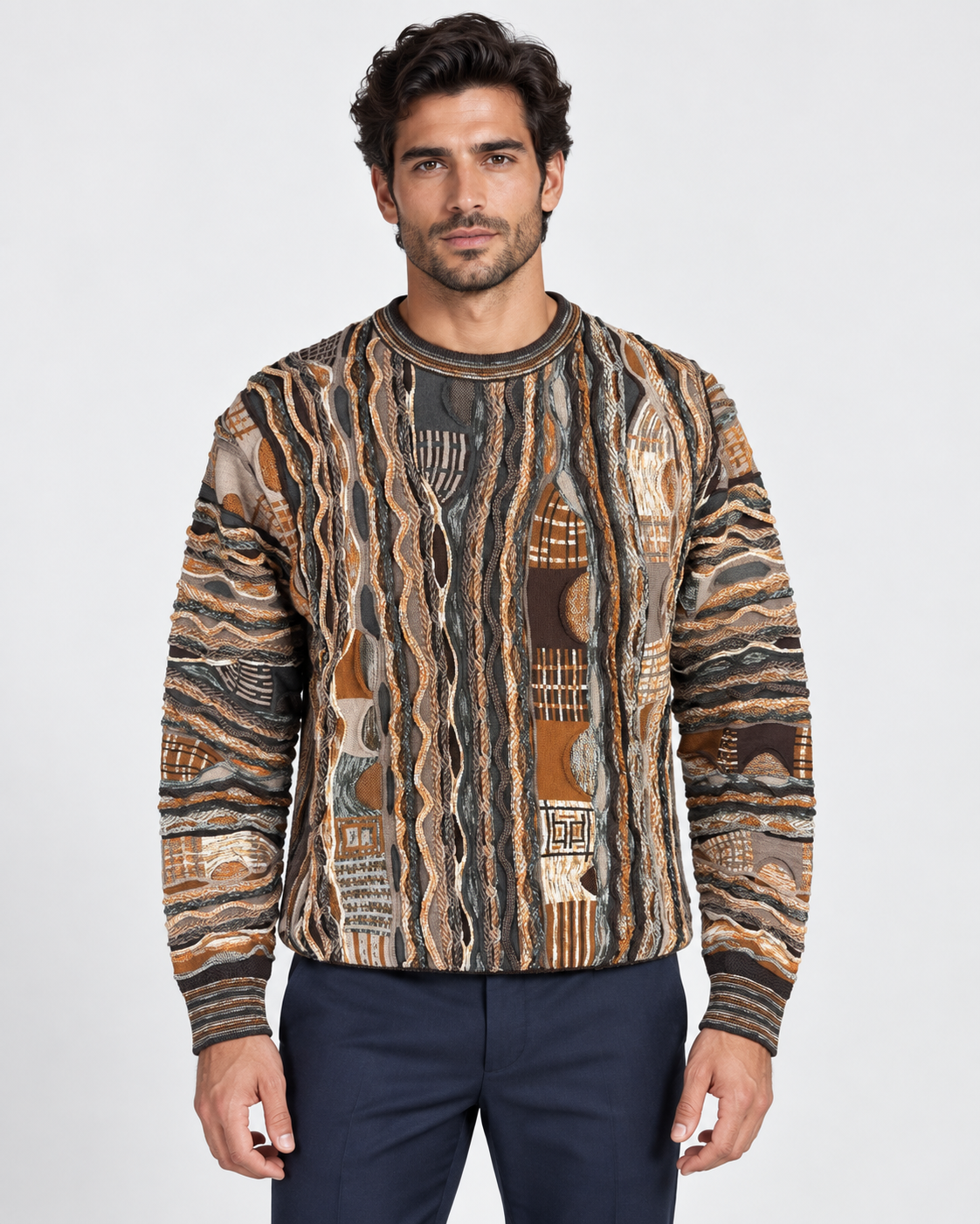 Lorenzoni Maglia girocollo uomo fantasia multicolore in misto lana
