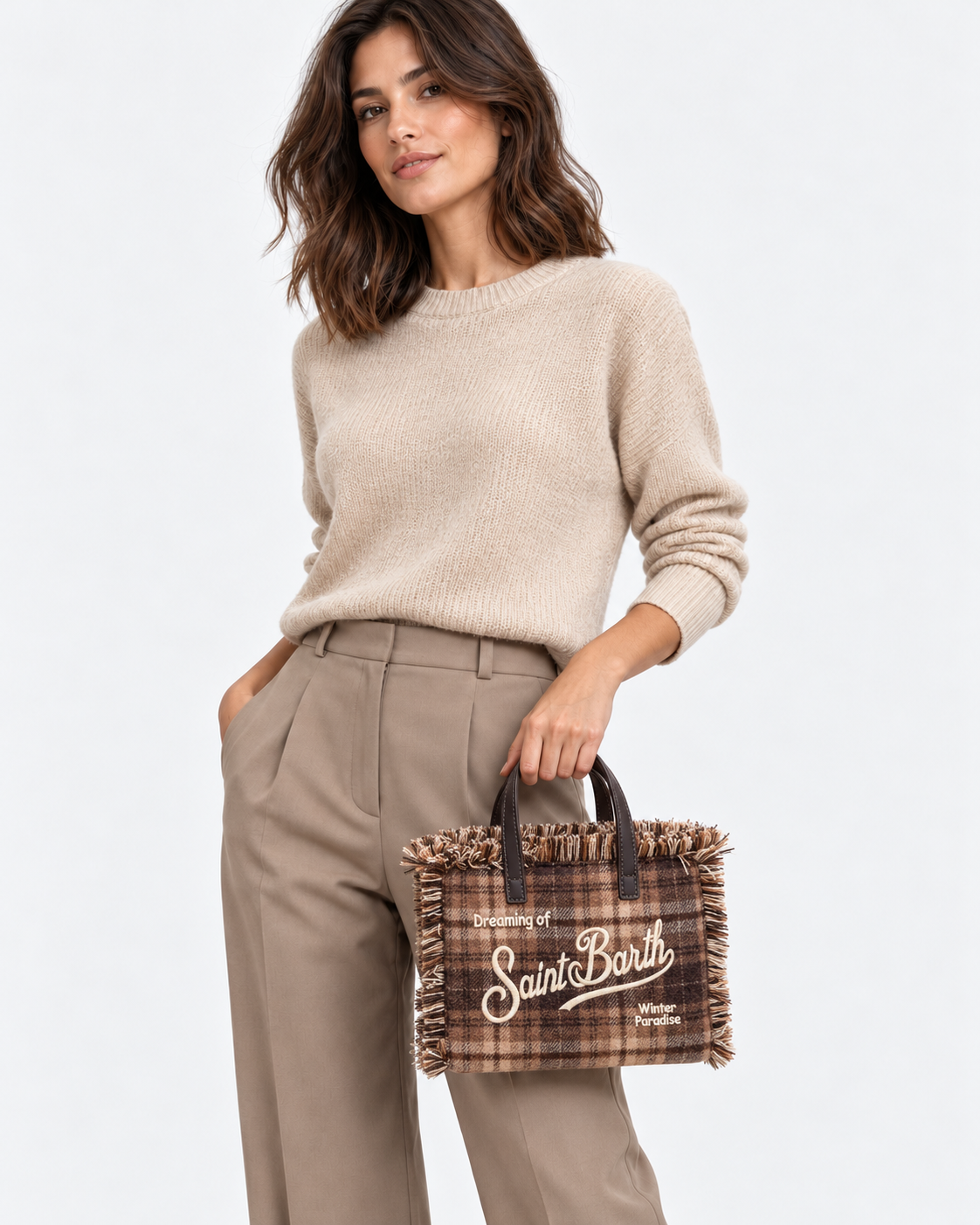 MC2 Saint Barth Borsa Donna Vanity Mini Tartan Marrone con Frange