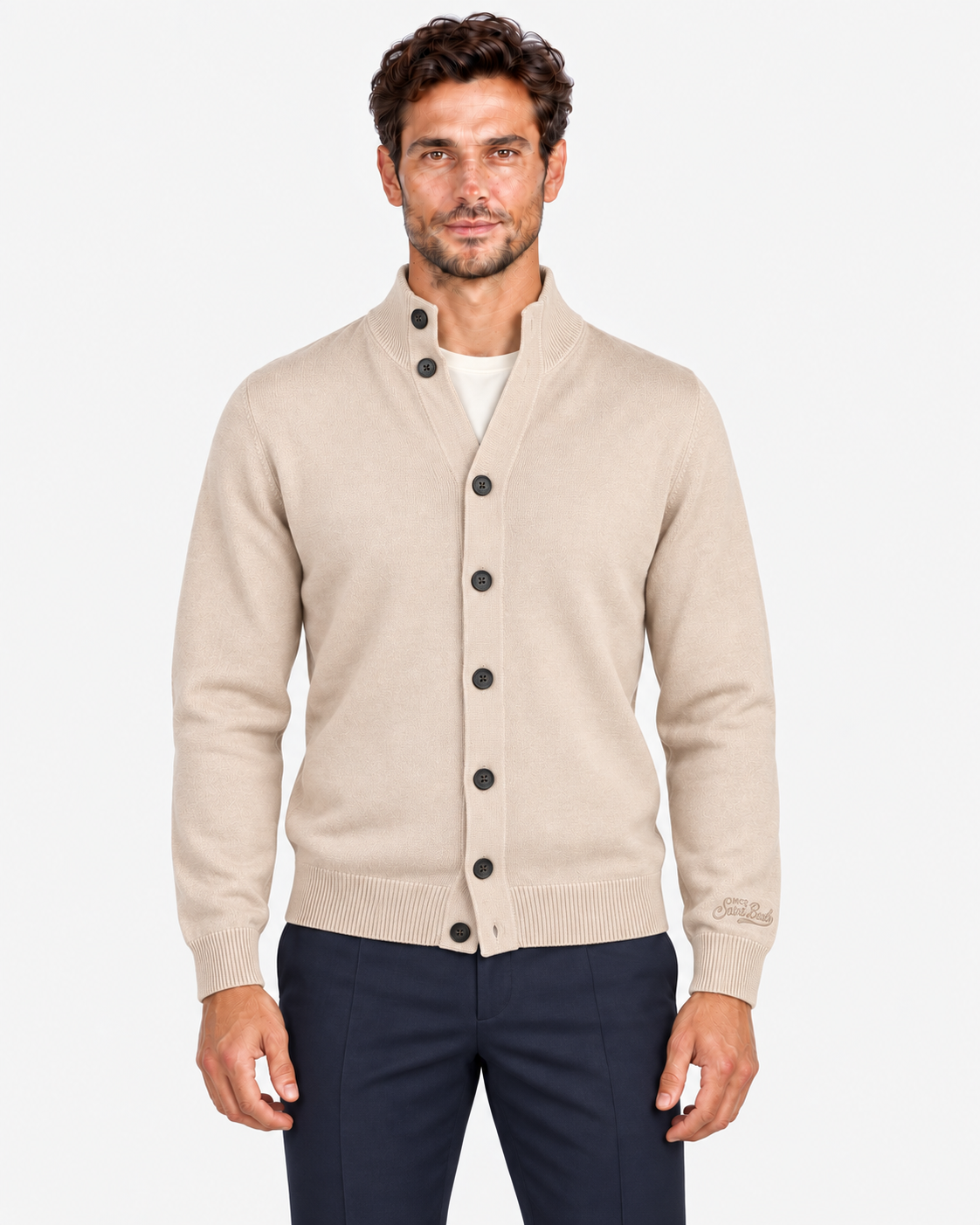 MC2 Saint Barth Cardigan Uomo Beige in Lana Merinos Extrafine