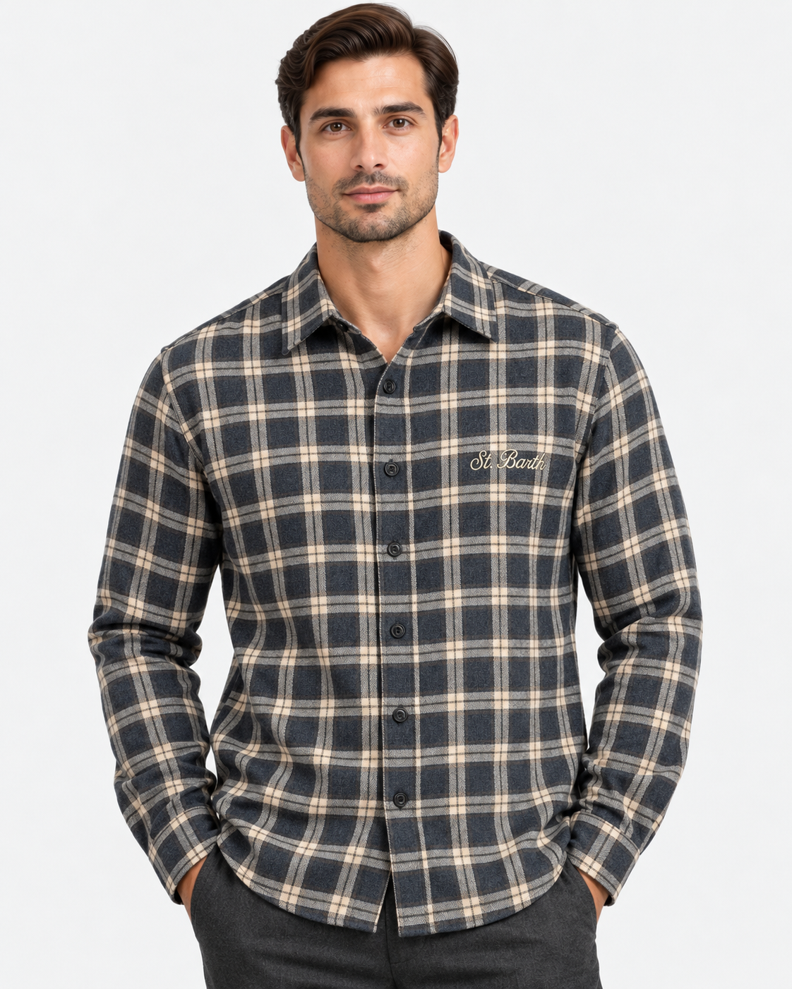MC2 Saint Barth Camicia Uomo Seefeld in Cotone Tartan Antracite