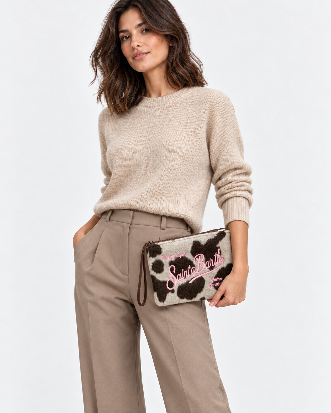 MC2 Saint Barth Pochette Donna Aline Felt Cow Panna e Marrone