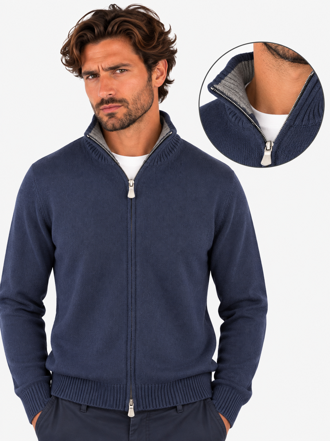 Gran Sasso Full zip uomo in cashmere blu