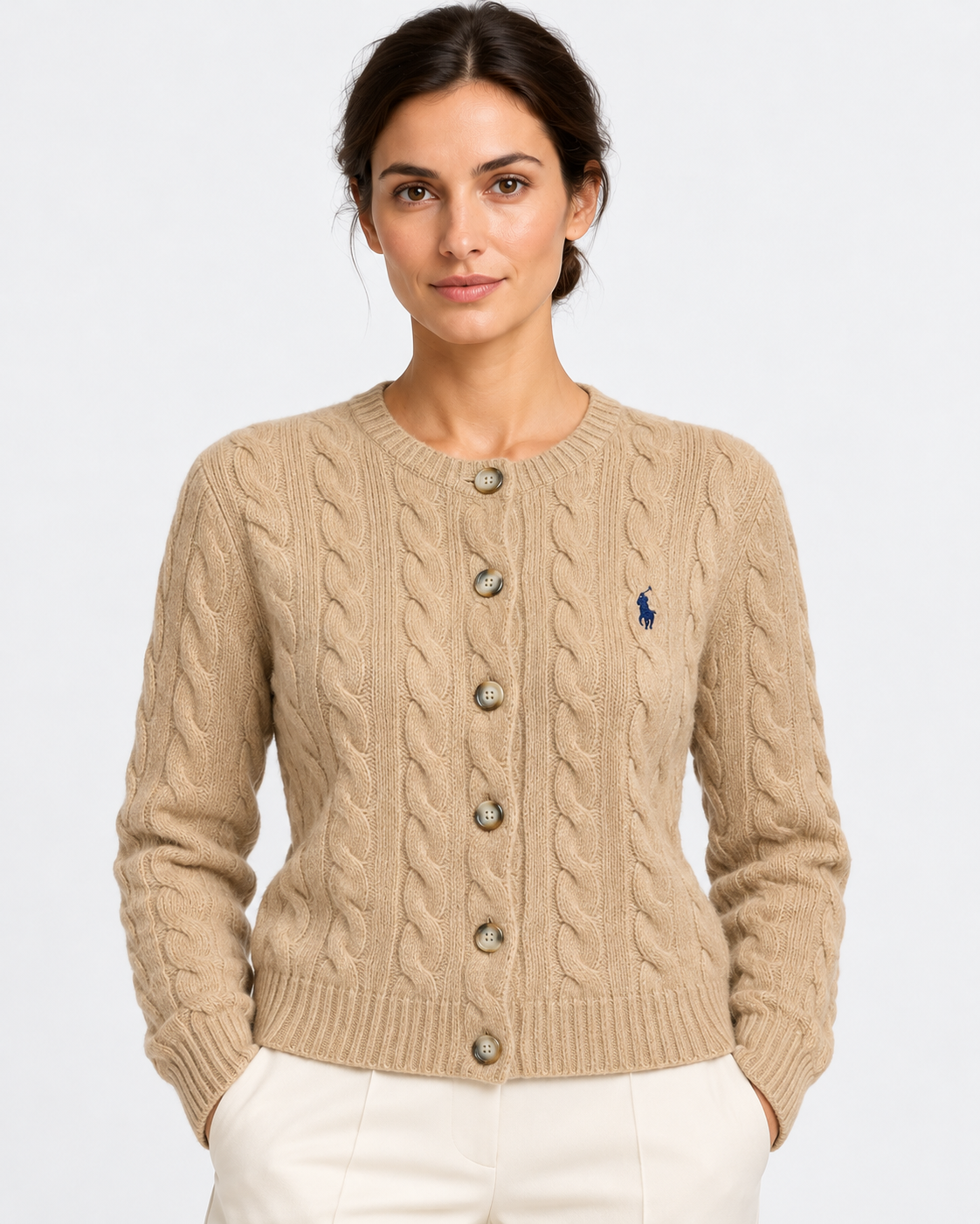 Cardigan in lana e cashmere a trecce beige