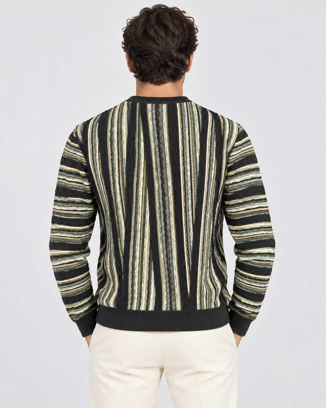 Lorenzoni Maglia girocollo uomo a righe verde oliva e panna