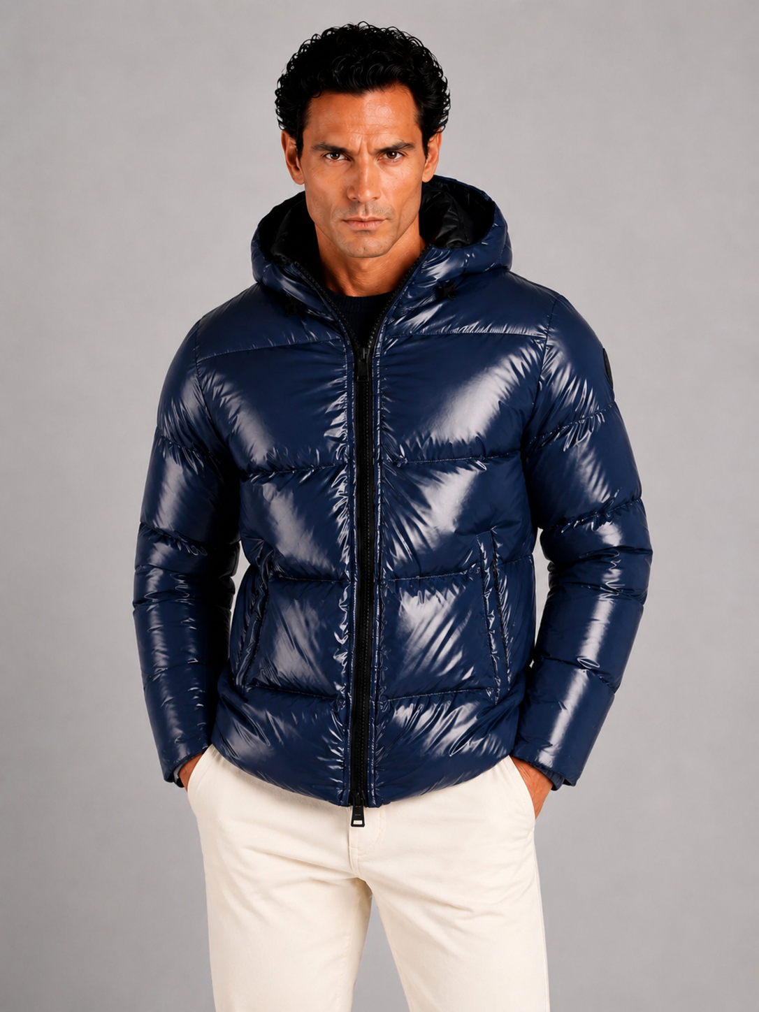 Piumino new blu con cappuccio in nylon gloss lucido effetto lacca