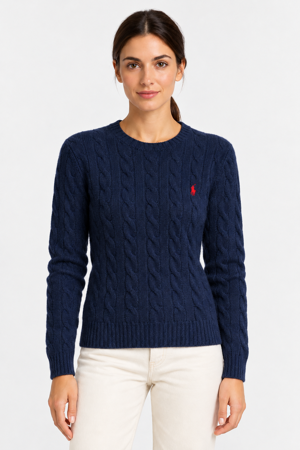 Blue cable-knit wool and cashmere crew neck