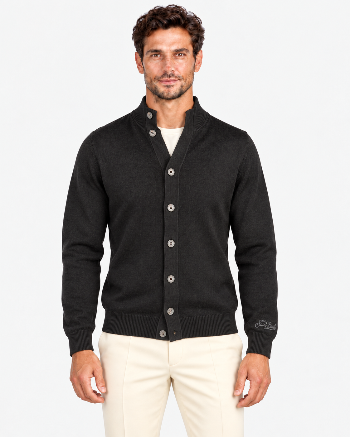 MC2 Saint Barth Cardigan Uomo Black in Lana Merinos Extrafine
