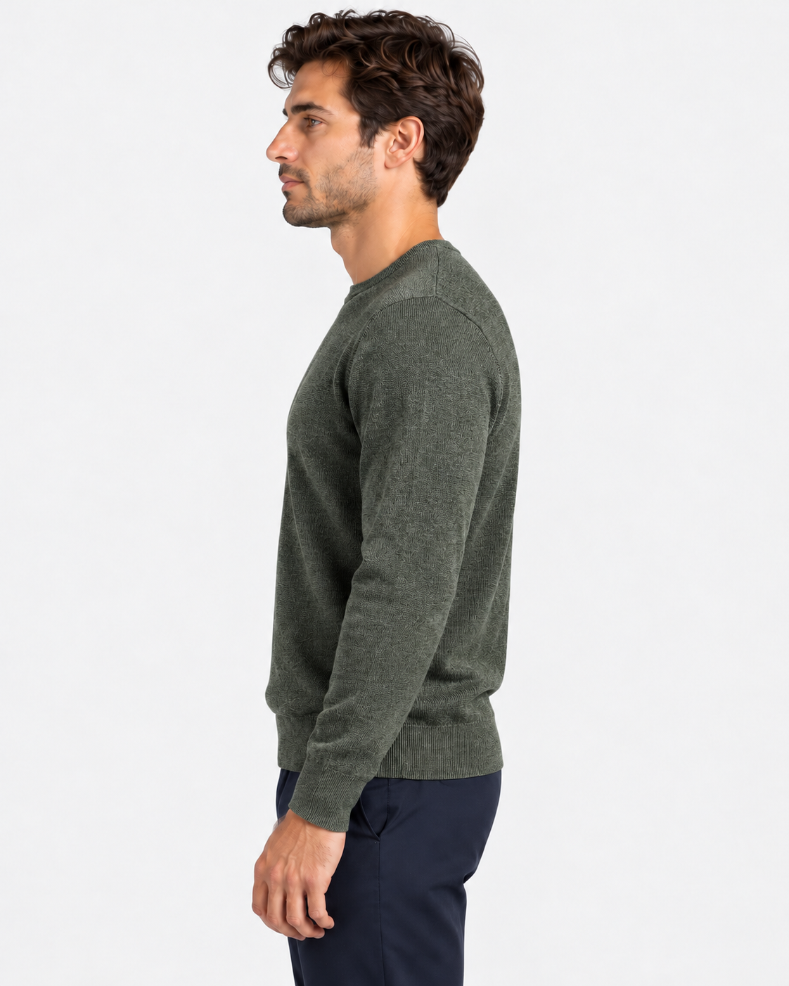 Military green extra-fine merino wool crew neck sweater