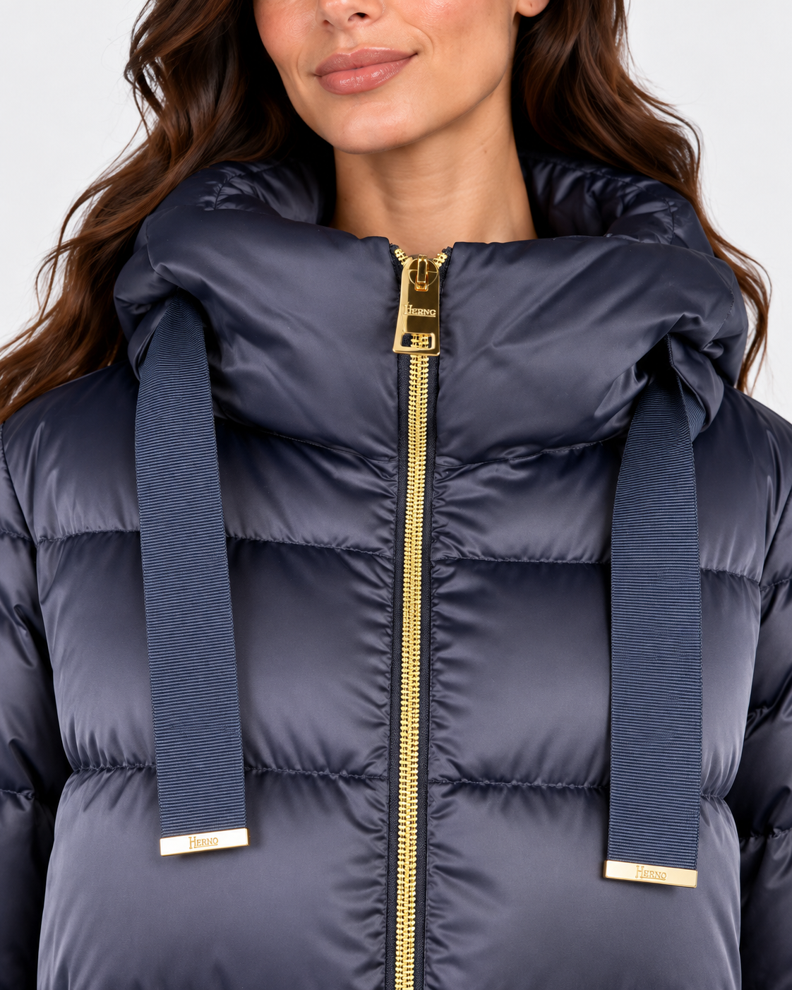 Herno piumino donna nylon in satin new blu con cappuccio e zip oro