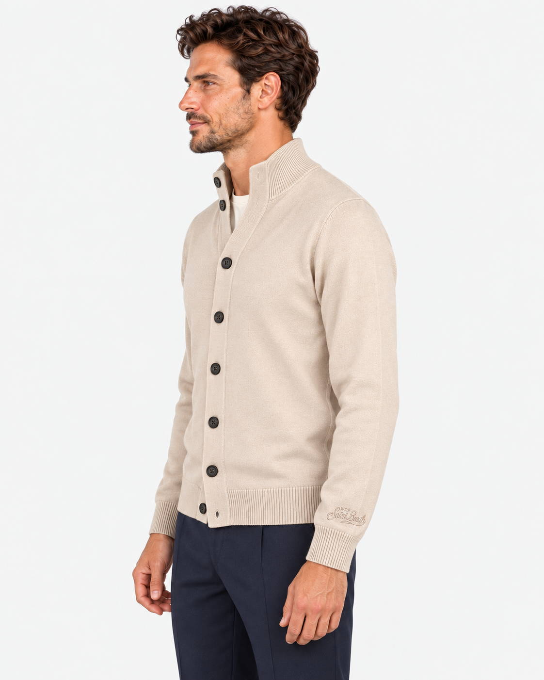 MC2 Saint Barth Cardigan Uomo Beige in Lana Merinos Extrafine