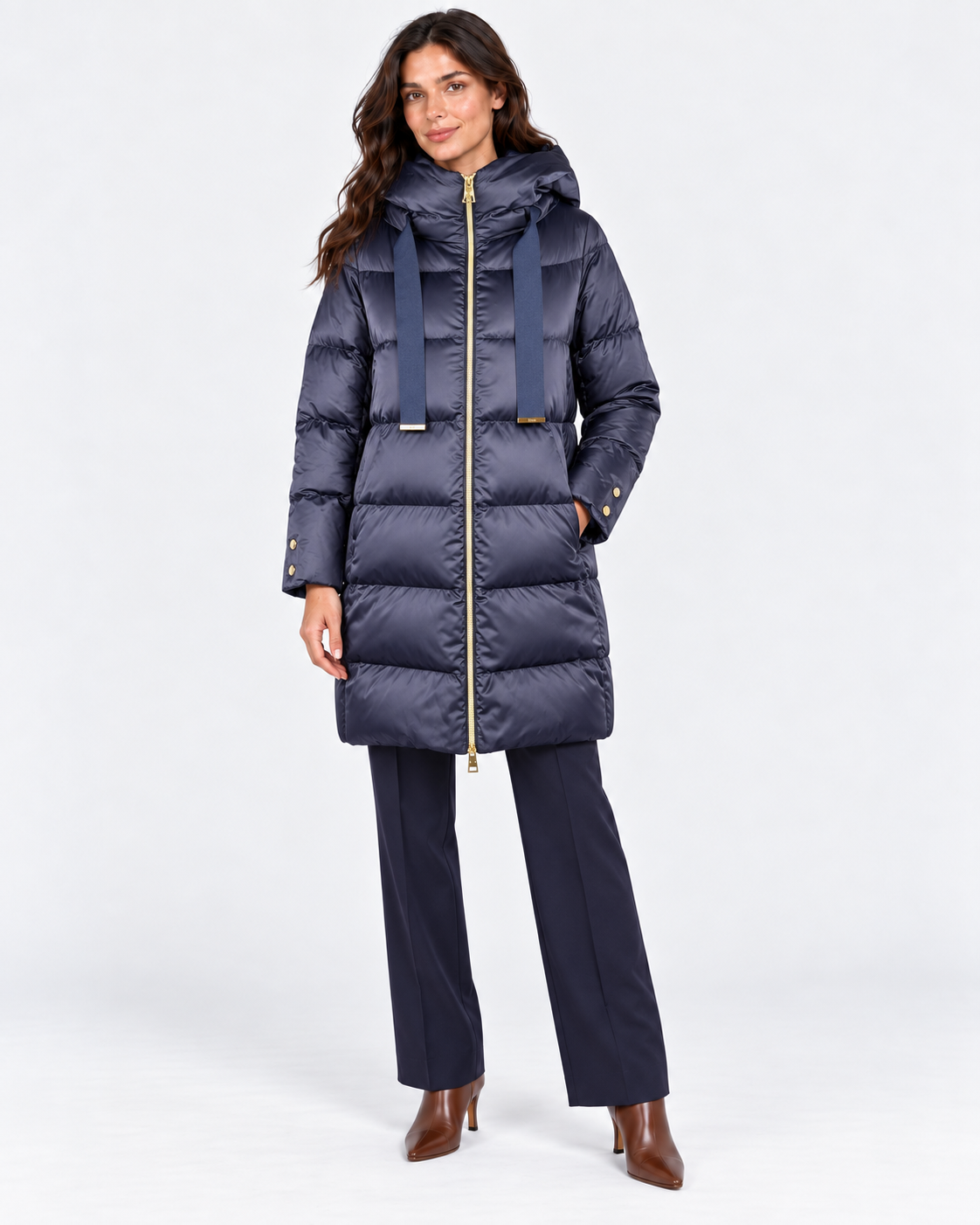 Herno piumino donna nylon in satin new blu con cappuccio e zip oro