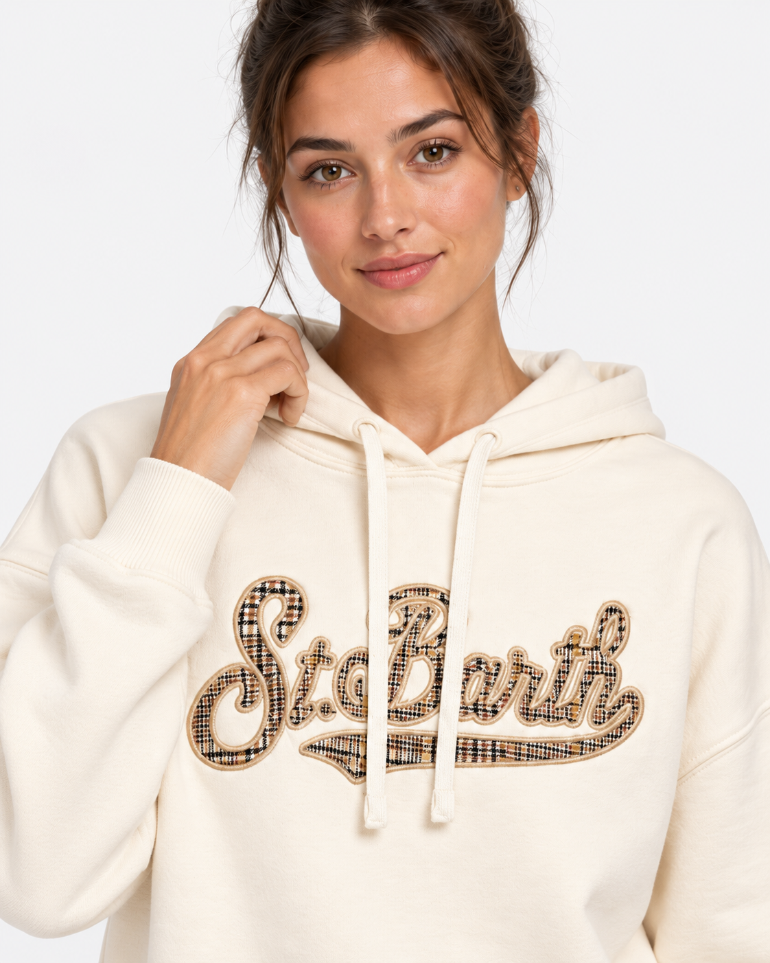 MC2 Saint Barth Felpa Donna con Cappuccio in Cotone Panna e Logo Check
