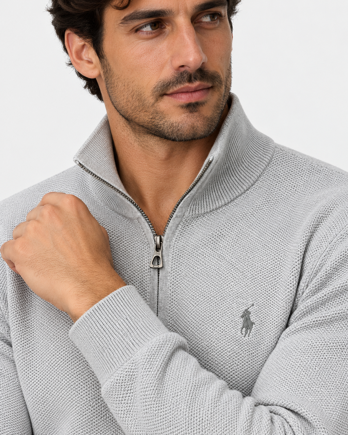 Polo Ralph Lauren Maglia Uomo Mezza Zip in Cotone Grigio Mélange