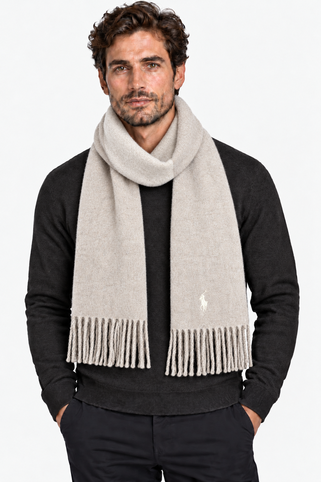 Taupe wool-blend reversible scarf