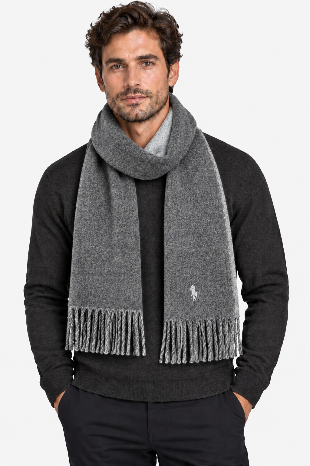 Grey wool-blend reversible scarf