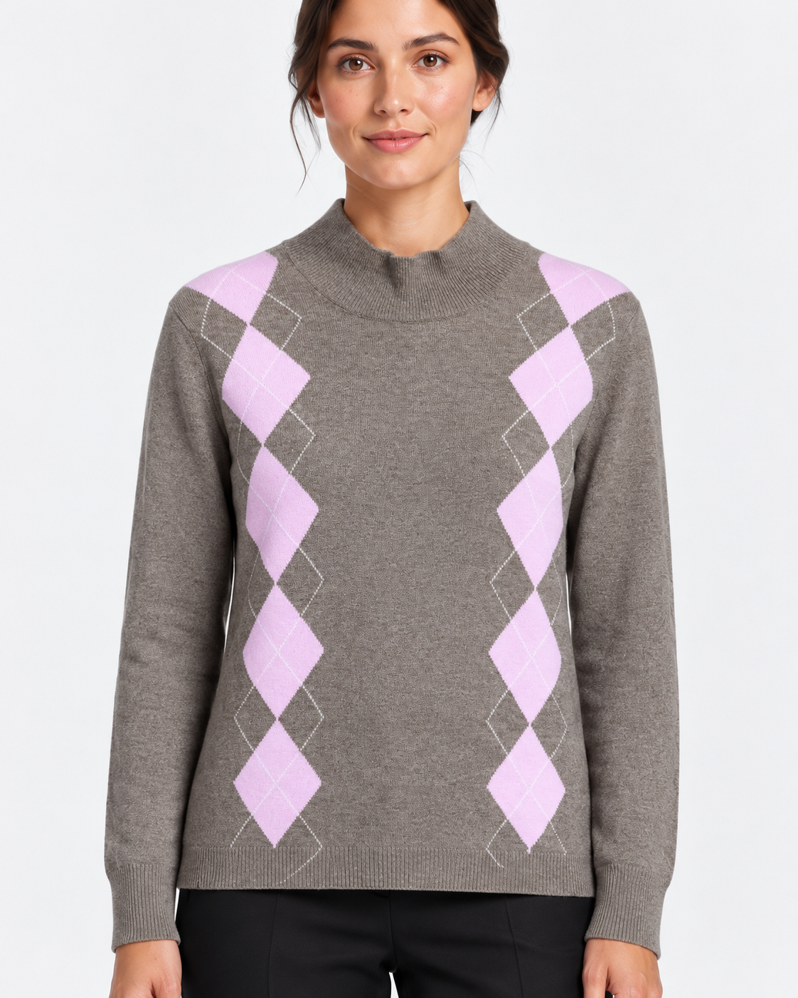 Gran Sasso Maglia Lupetto Donna Tortora a Rombi in Lana e Cashmere