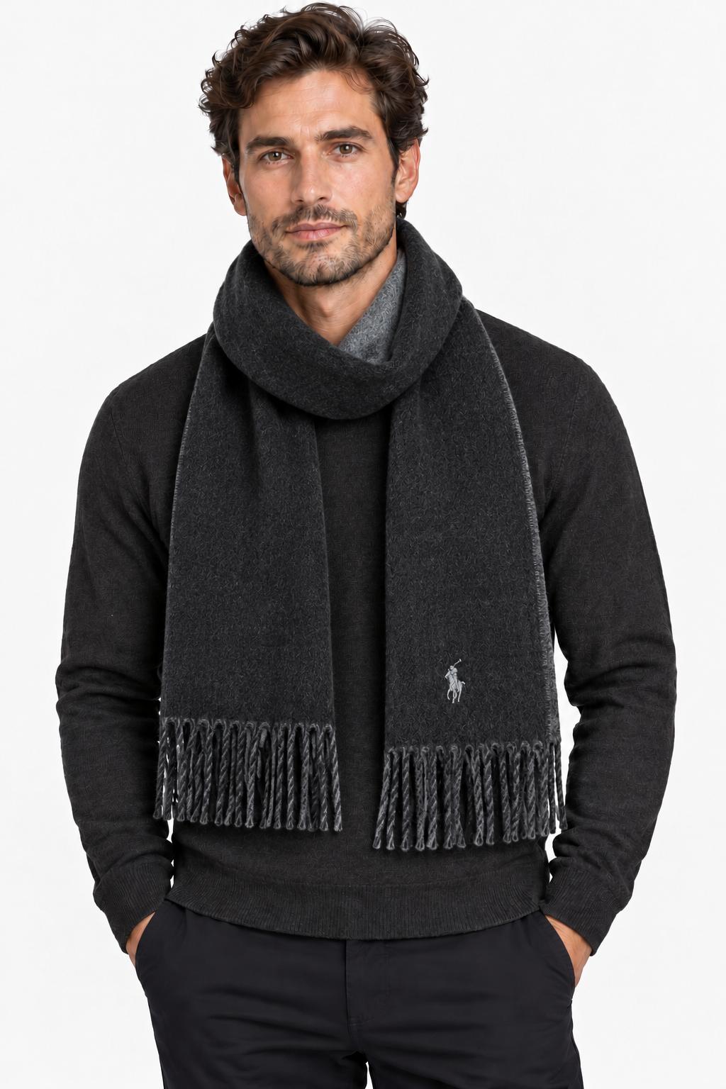 Double-face wool-blend scarf in polo black