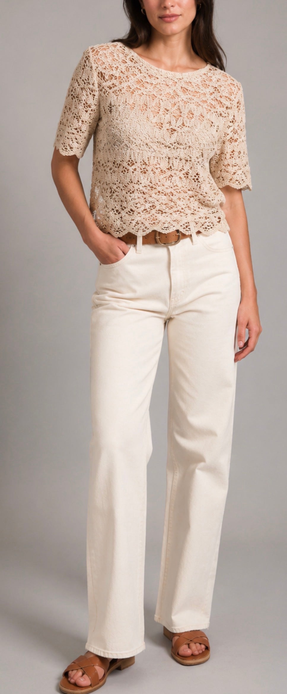 Top Dixie in pizzo crochet color beige