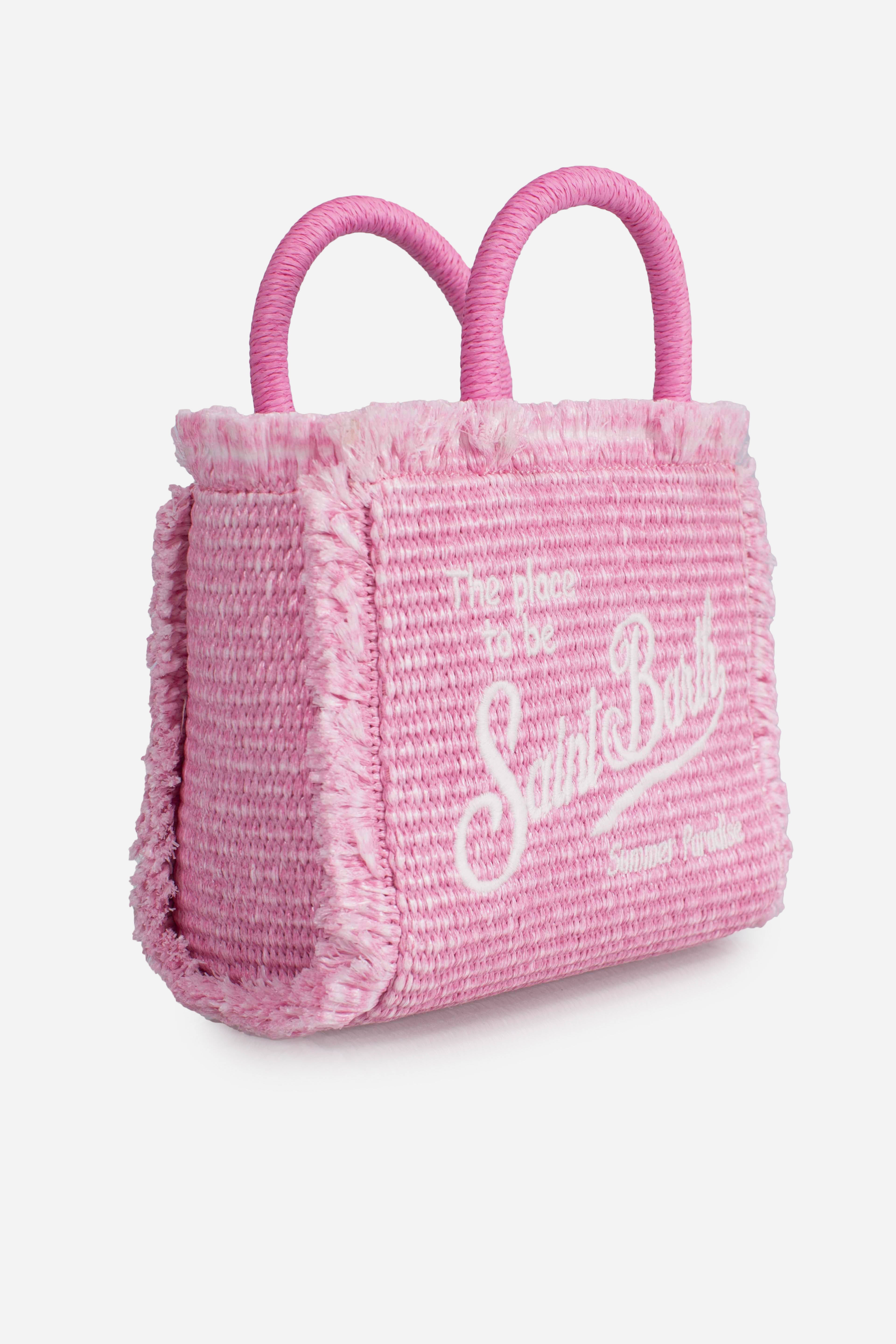 Borsa Mini Vanity rosa effetto paglia