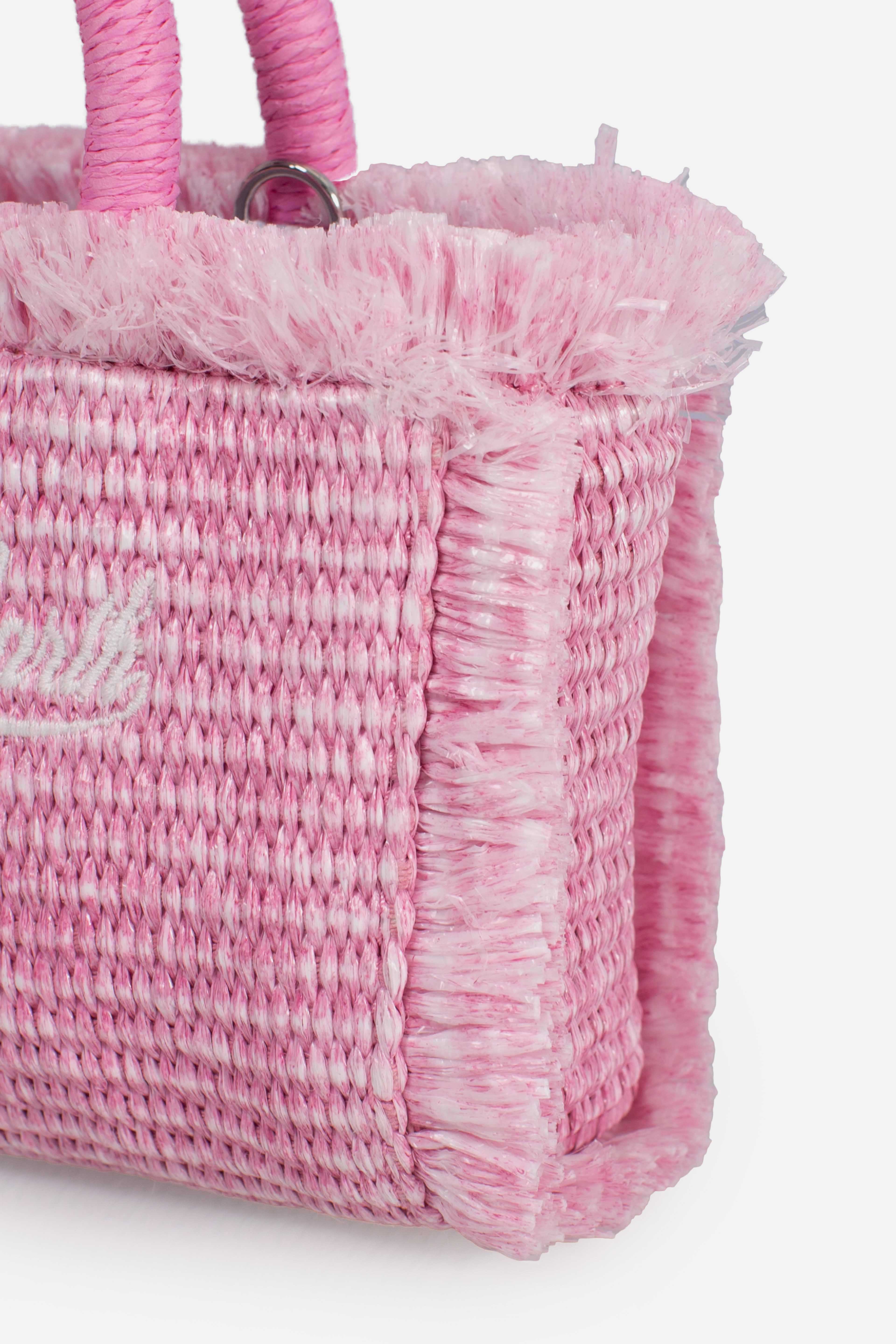 Borsa Vanity micro effetto paglia con dettagli rosa