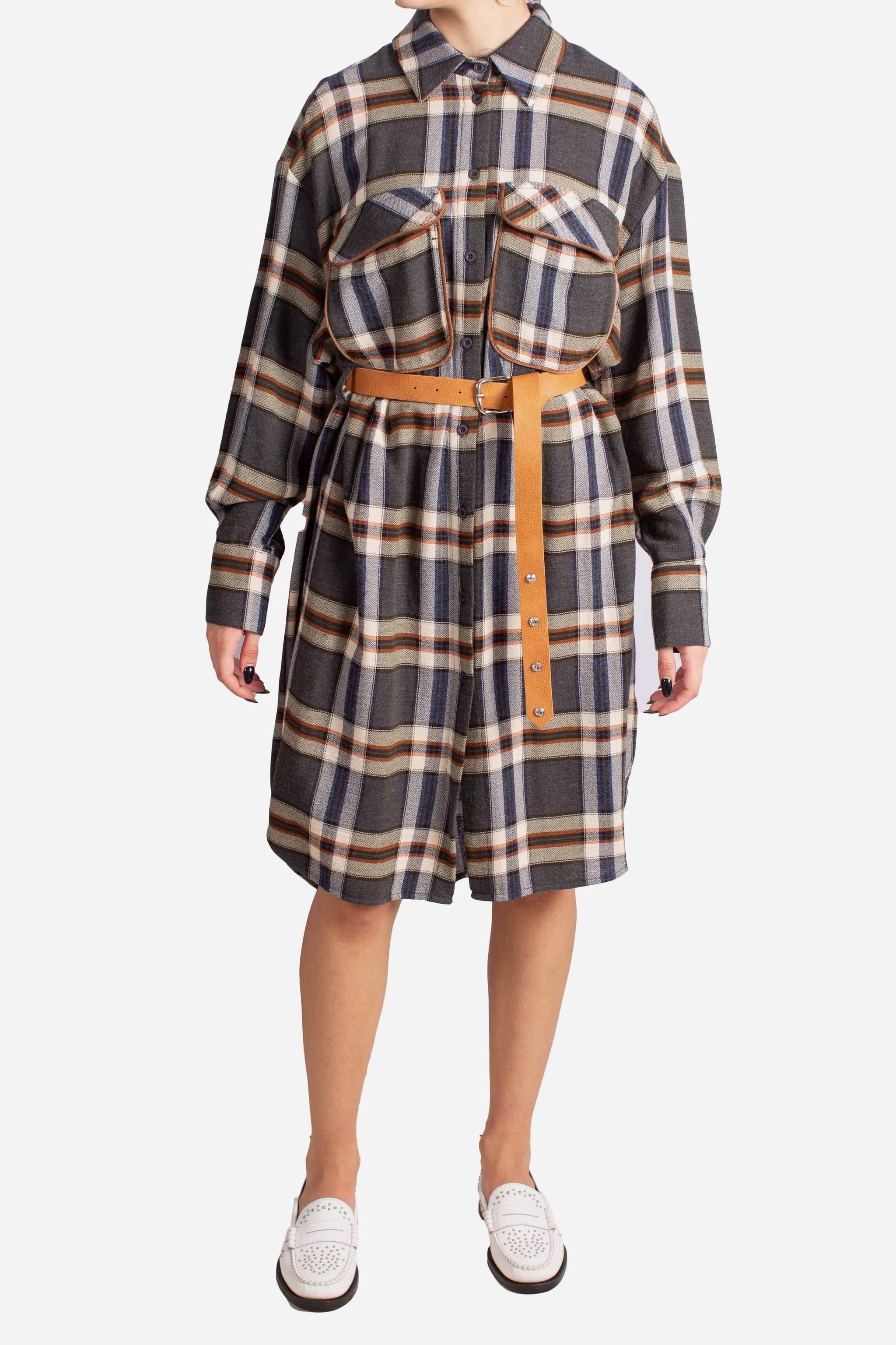 Abito Camicia a Quadri con Cintura in Vita