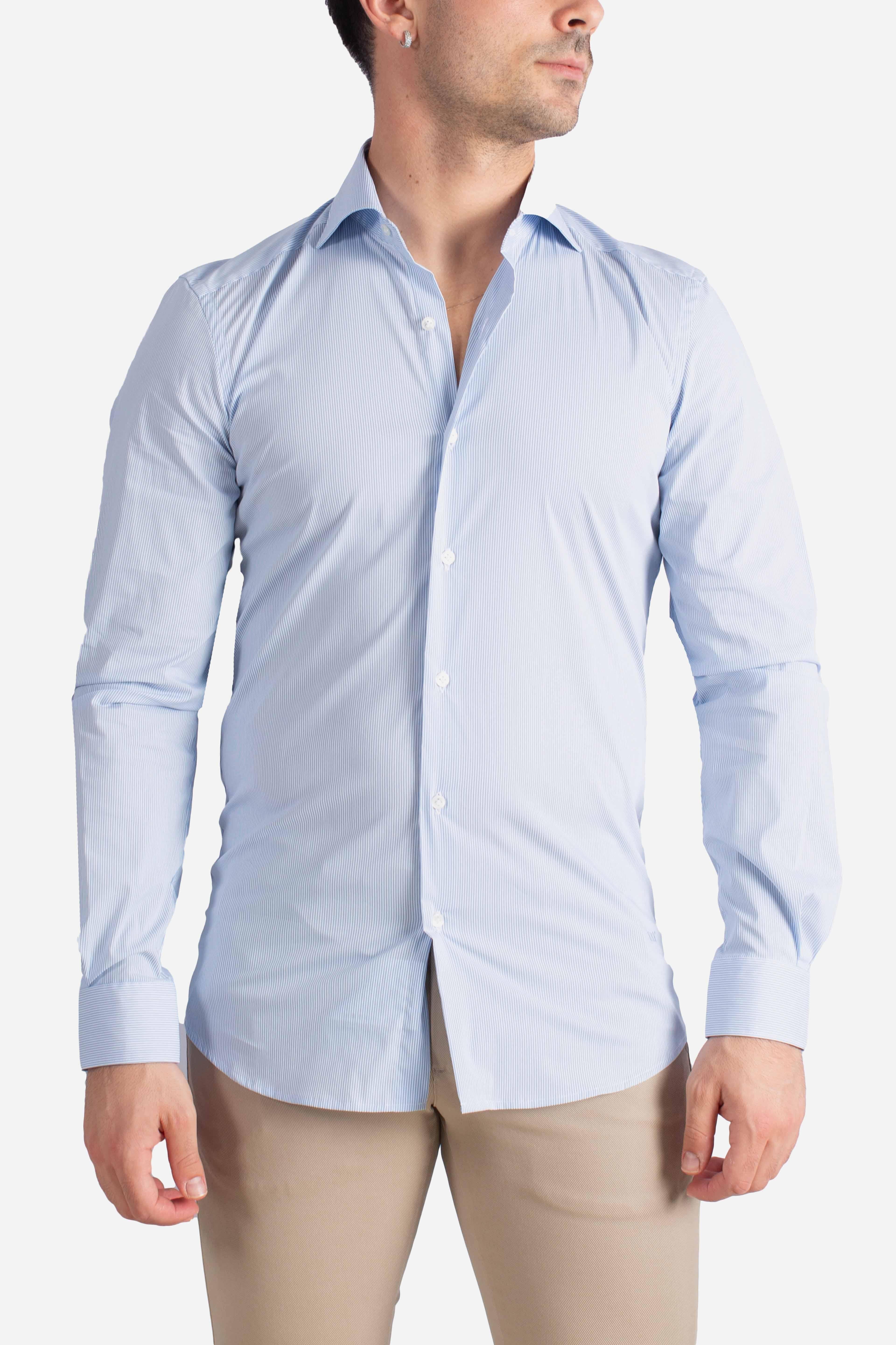 Camicia Uomo semi francese Stretch Microfantasia bianco celeste NCMA150259SXAIU601 FAY
