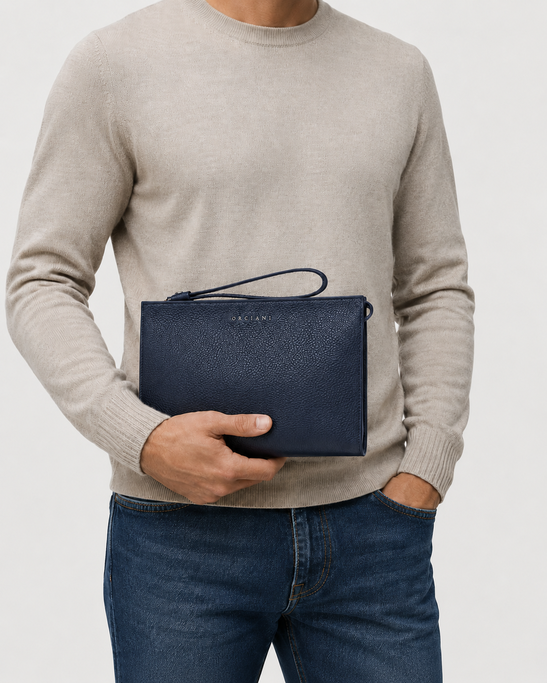 Pouch Micron in pelle con polsiera navy