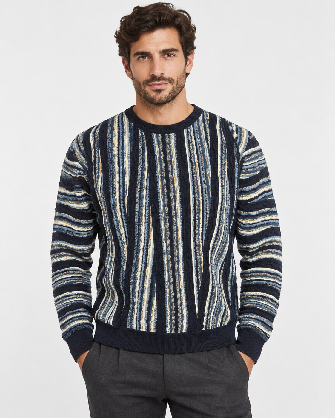 Lorenzoni Maglia girocollo uomo blu a righe azzurre e panna