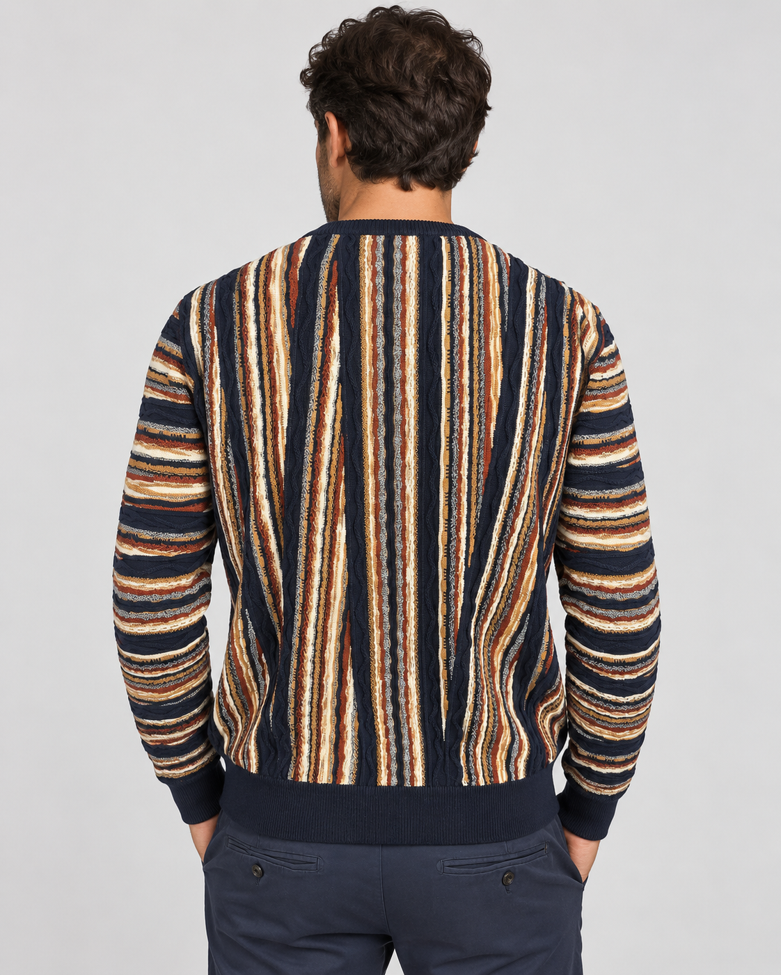 Lorenzoni Maglia girocollo uomo blu a righe multicolore