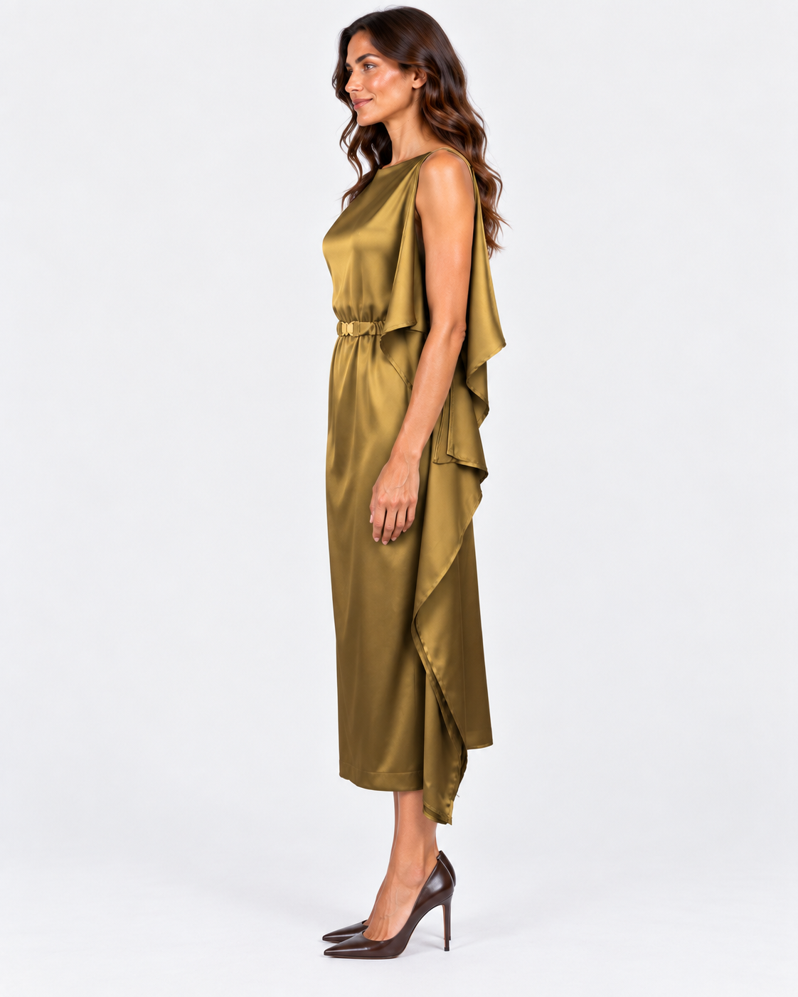 Dixie abito midi donna satinato olio con cintura
