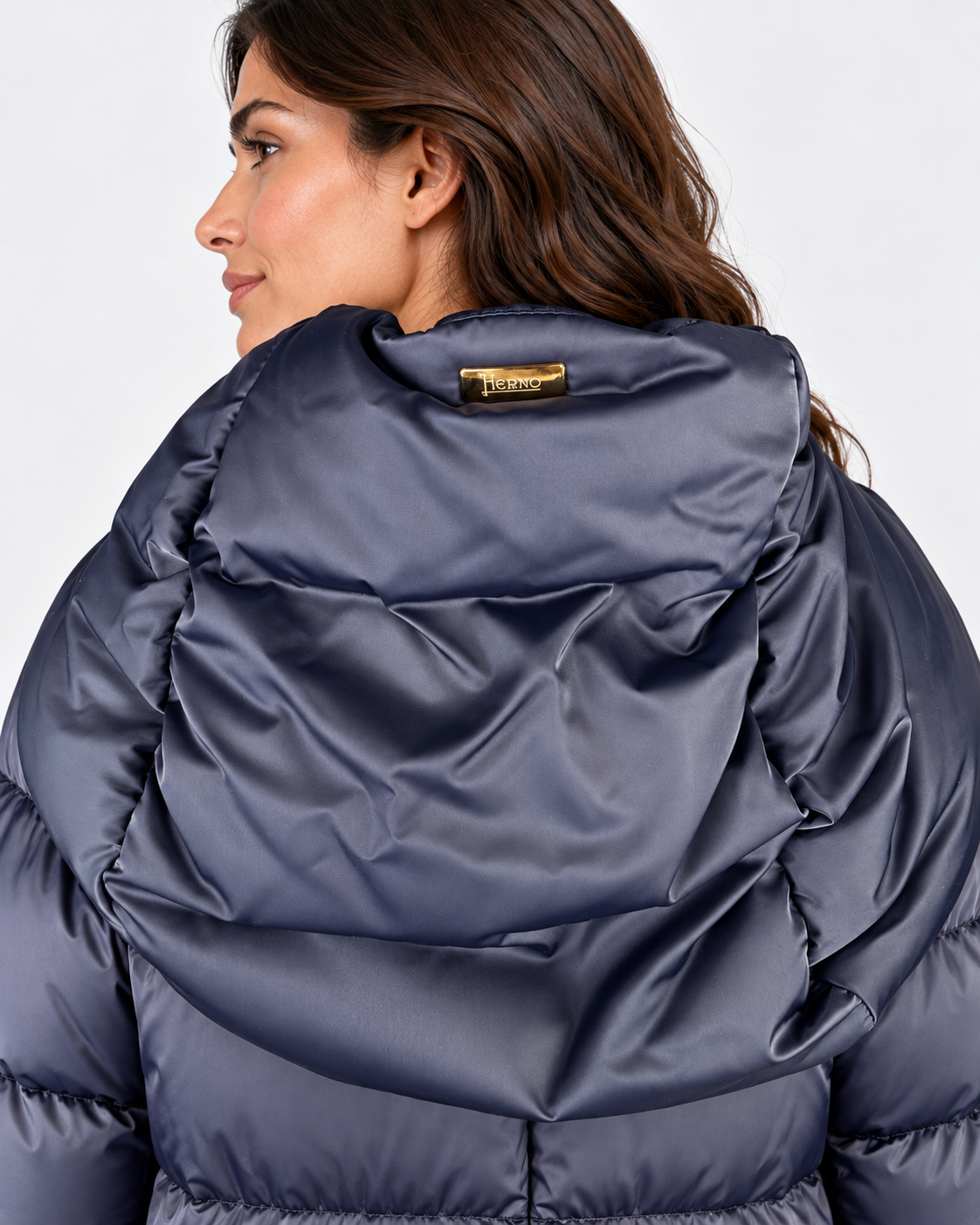 Herno women's satin nylon down jacket in new blue with hood and gold zip
