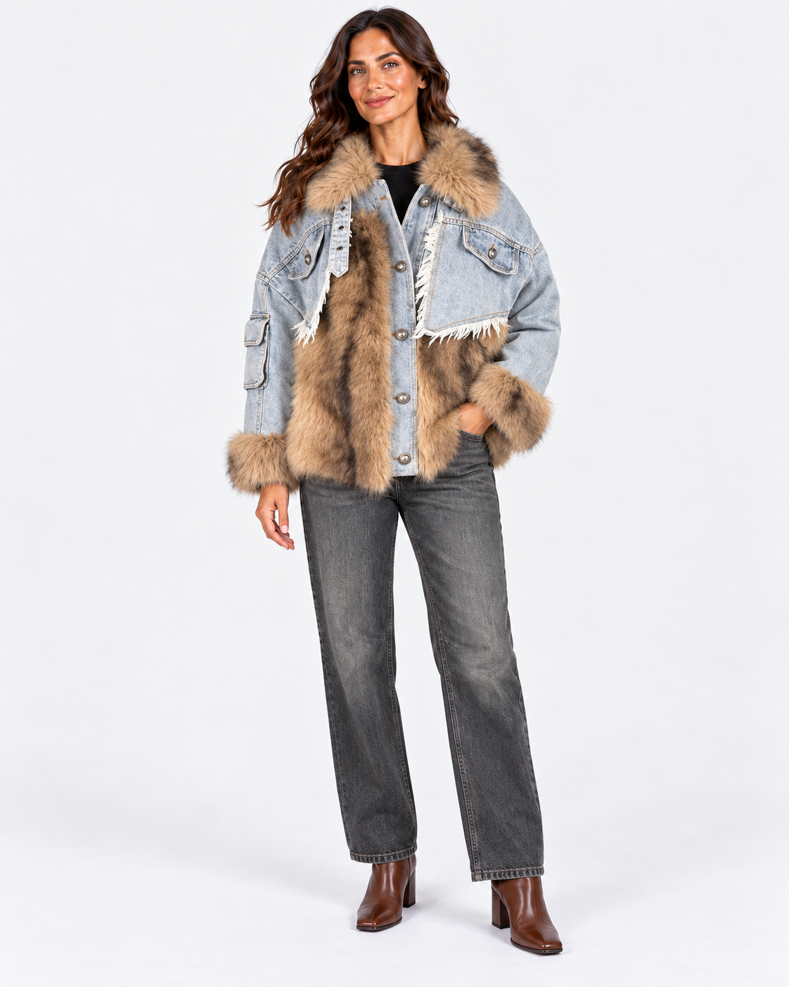 Dixie giubbotto donna in denim chiaro ed ecopelliccia