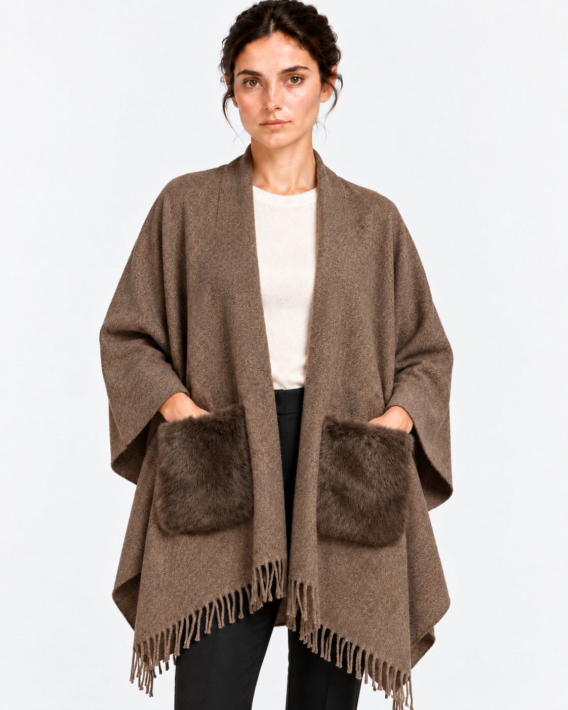 Gran Sasso Mantella Donna Marrone in Lana e Cashmere con Frange