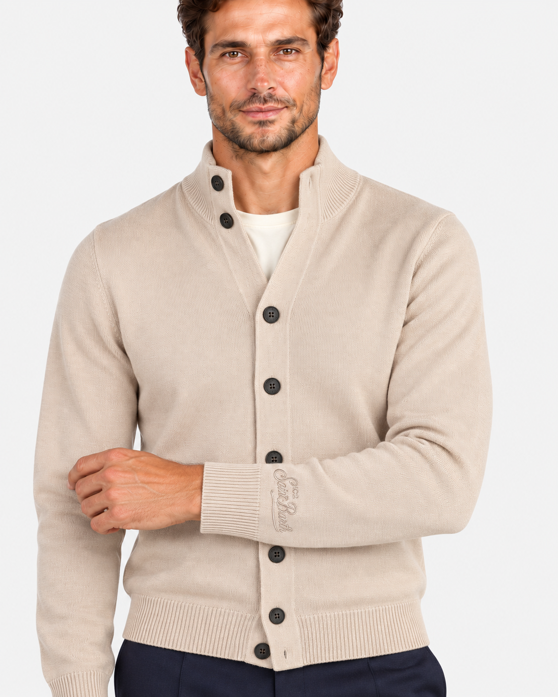 MC2 Saint Barth Cardigan Uomo Beige in Lana Merinos Extrafine