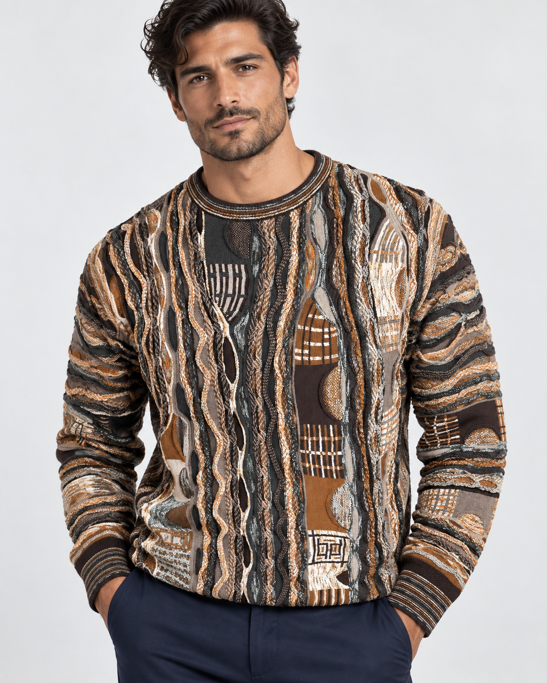 Lorenzoni Maglia girocollo uomo fantasia multicolore in misto lana
