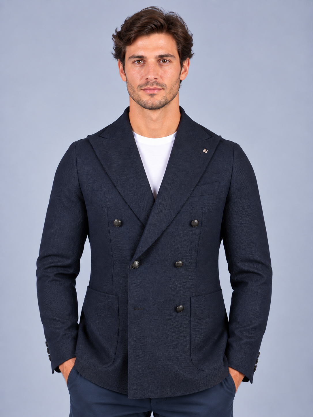 Tagliatore Giacca Uomo Montecarlo Doppiopetto in Lana Vergine Super 100's Blu