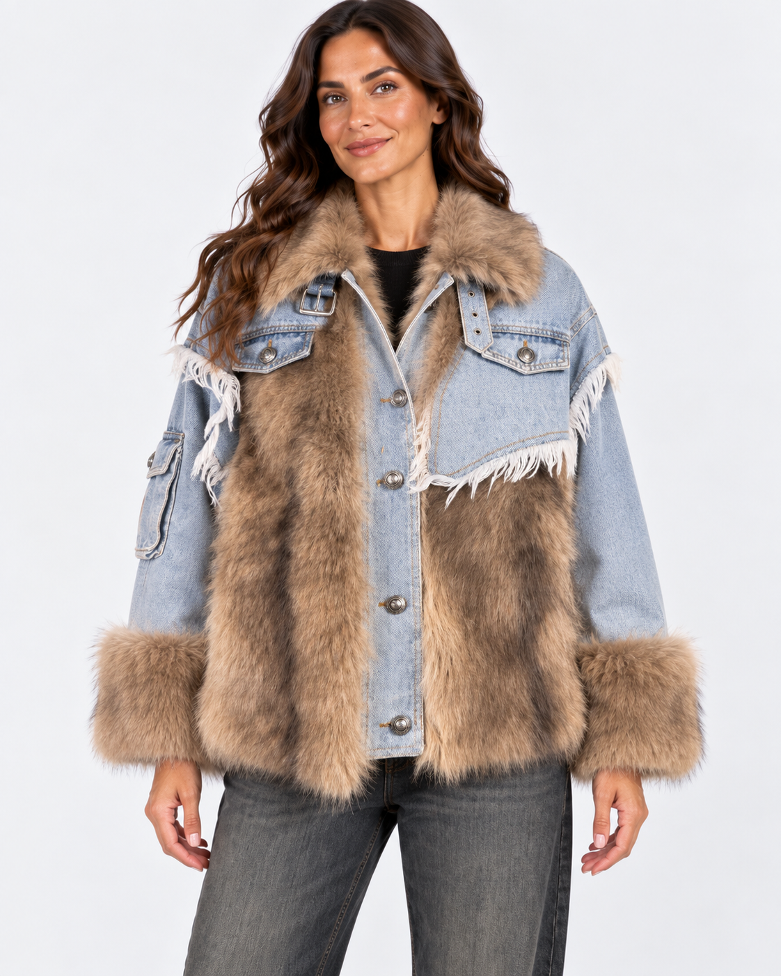 Dixie giubbotto donna in denim chiaro ed ecopelliccia
