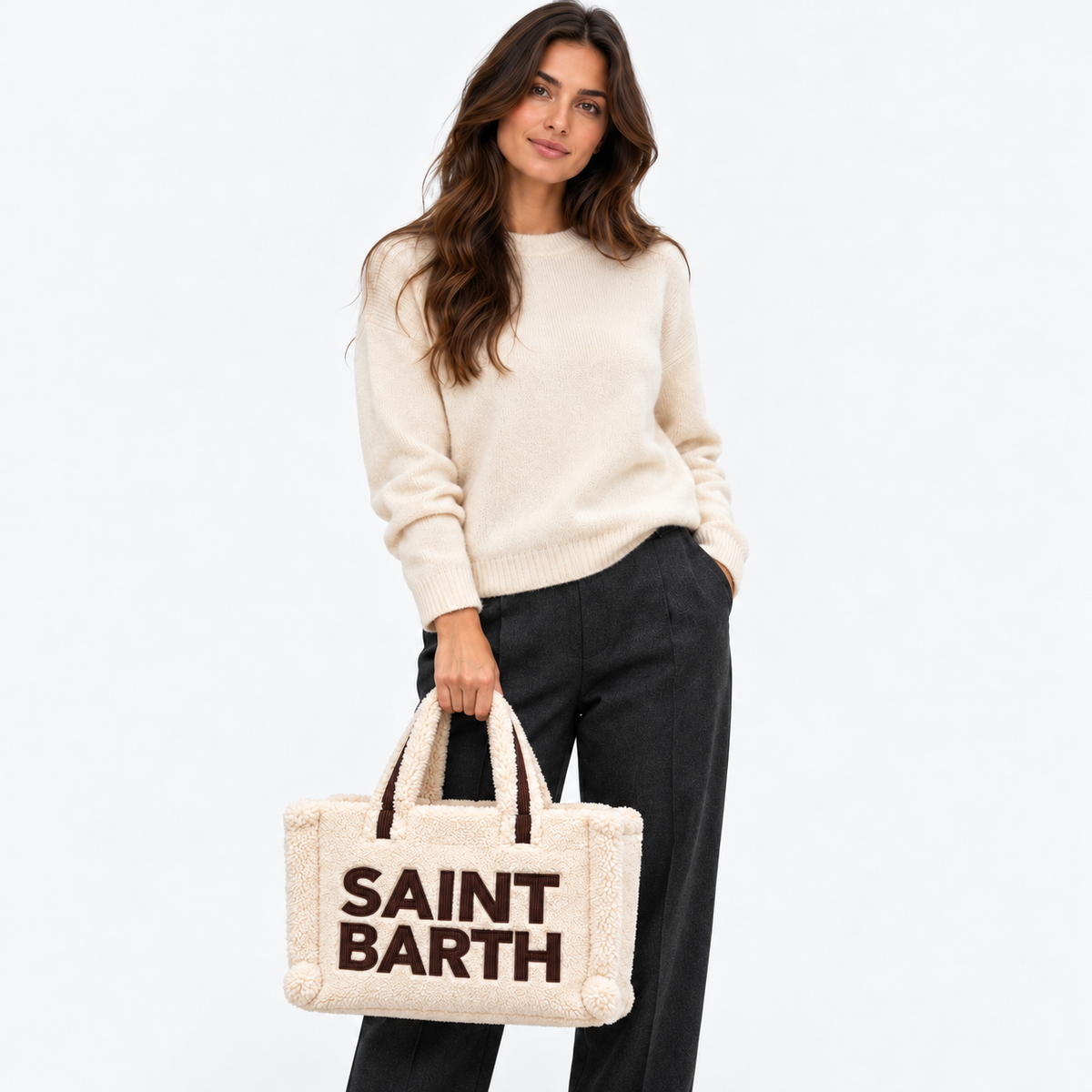 MC2 Saint Barth Borsa Donna Vanity Teddy Panna con Maxi Logo Marrone