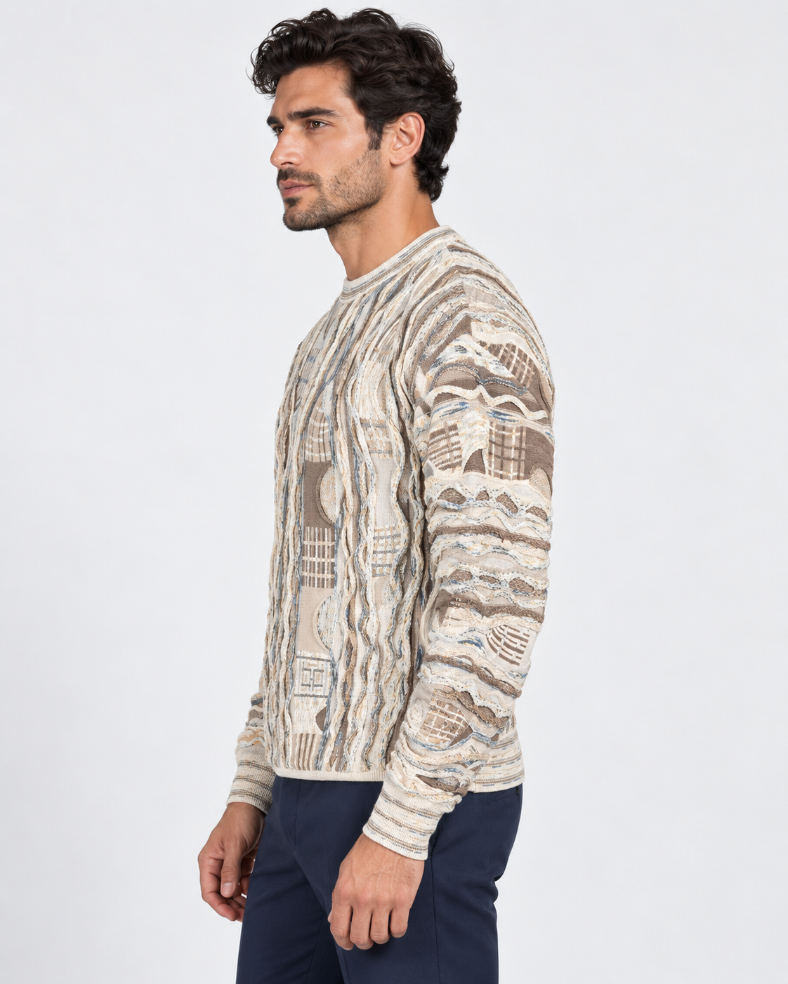 Lorenzoni Maglia girocollo uomo fantasia panna e tortora in misto lana