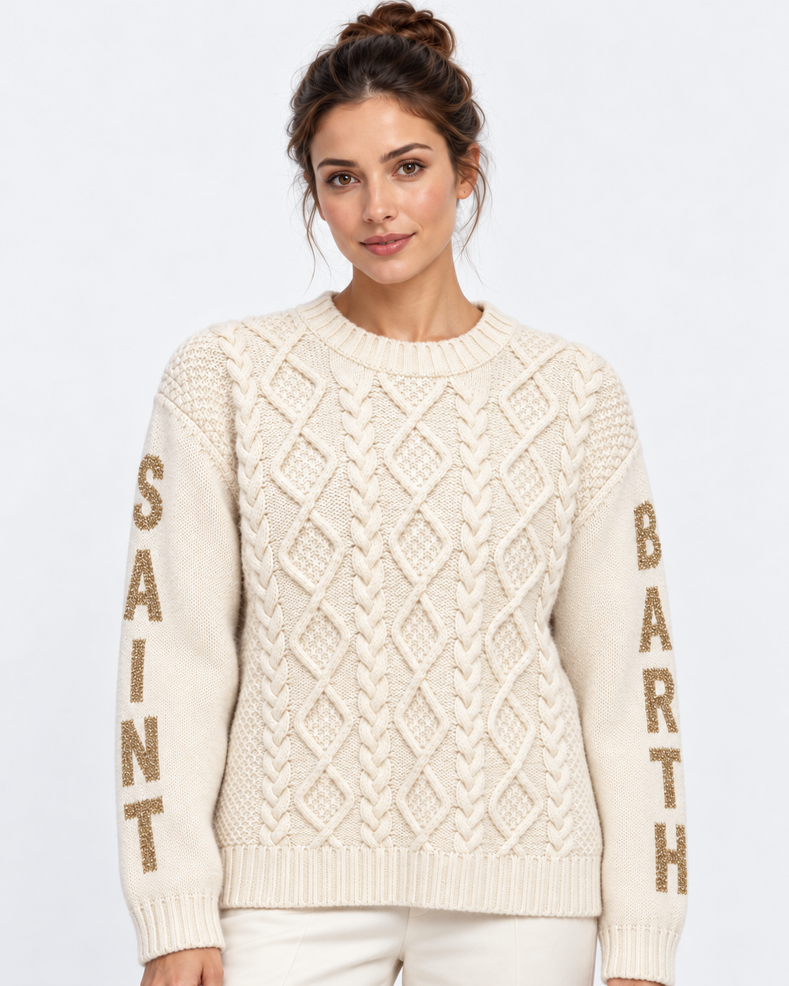MC2 Saint Barth Maglia Donna Malmo a Trecce Panna in Misto Lana