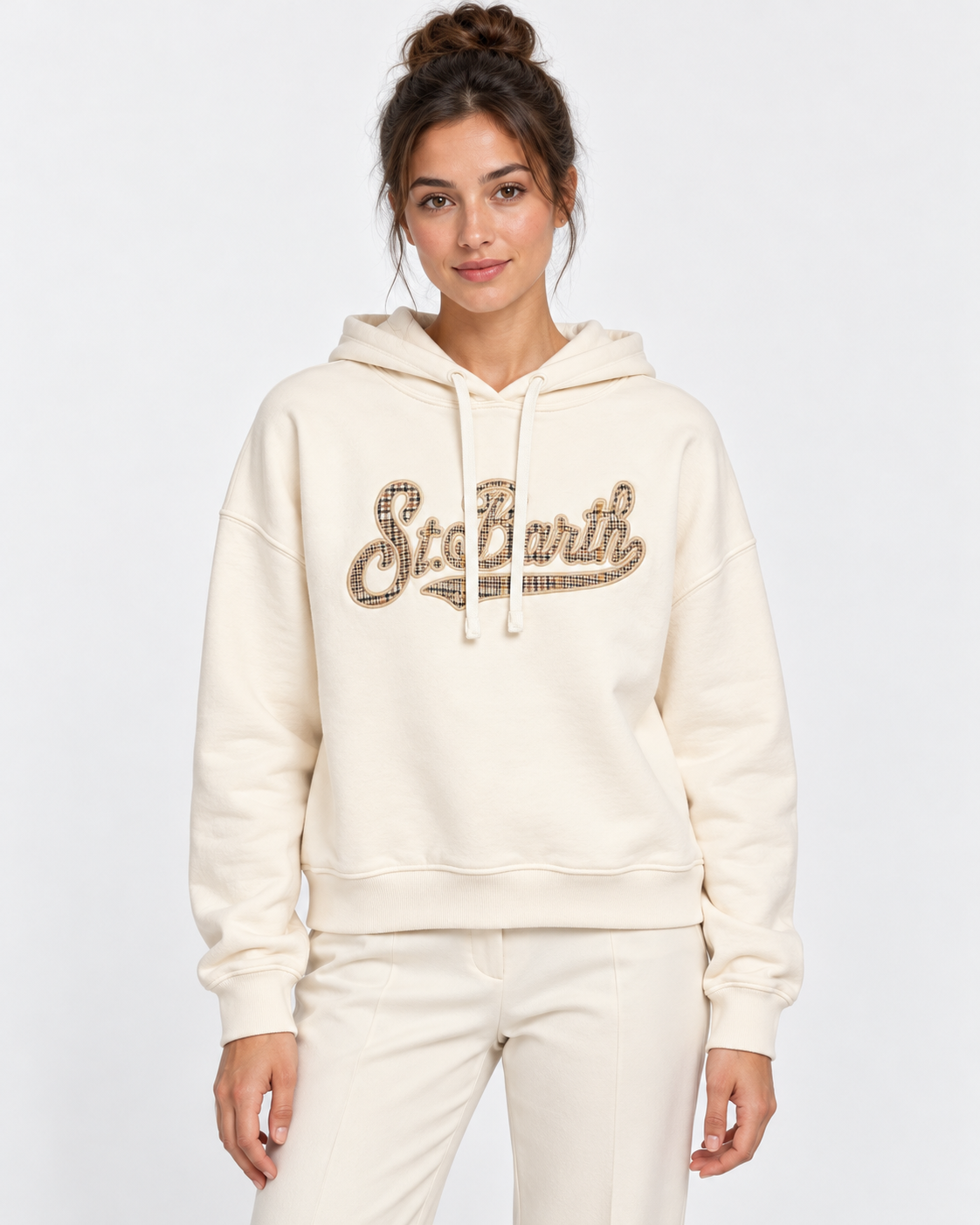 MC2 Saint Barth Felpa Donna con Cappuccio in Cotone Panna e Logo Check