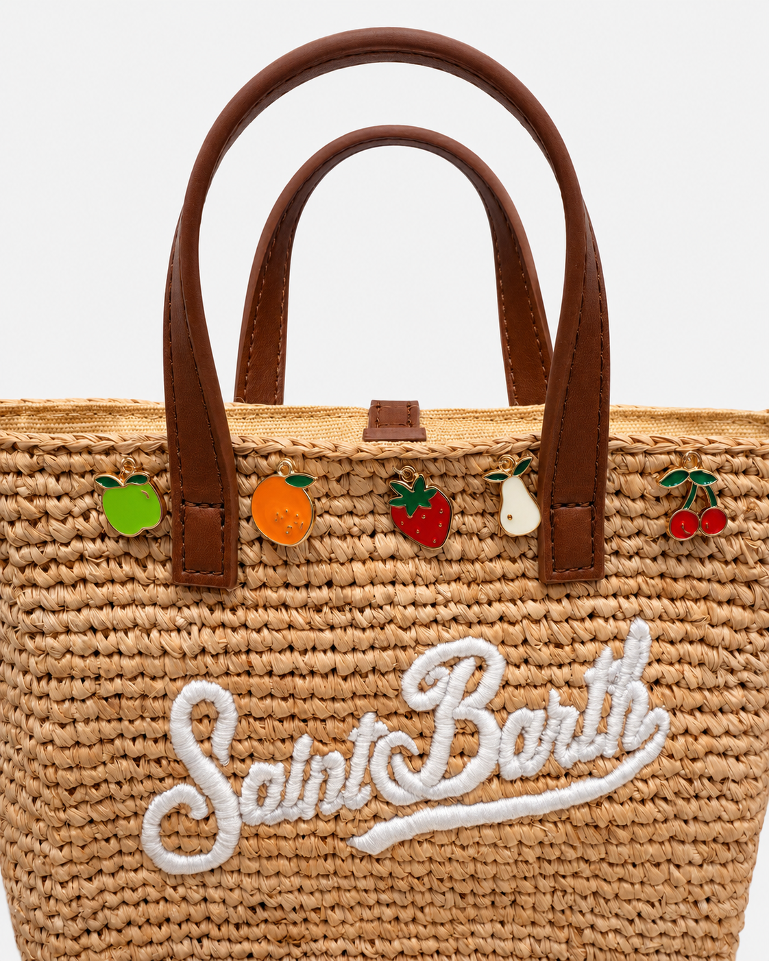 Borsa City mini in raffia con charms applicati e logo ricamato