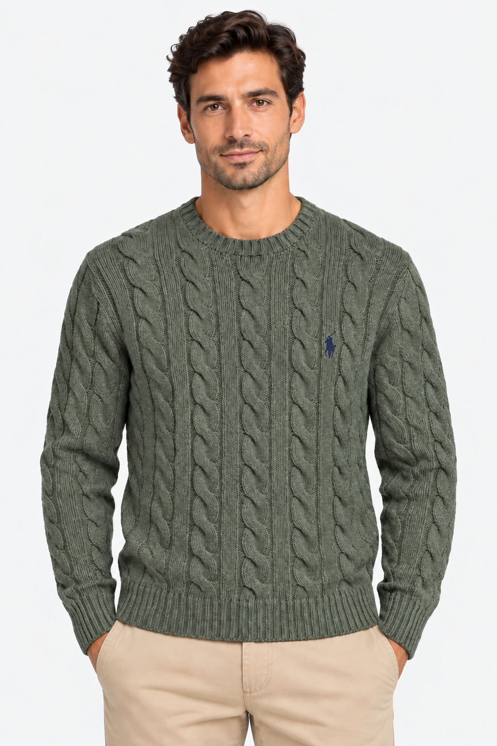 Polo Ralph Lauren Maglia Uomo a Trecce Green in Cotone