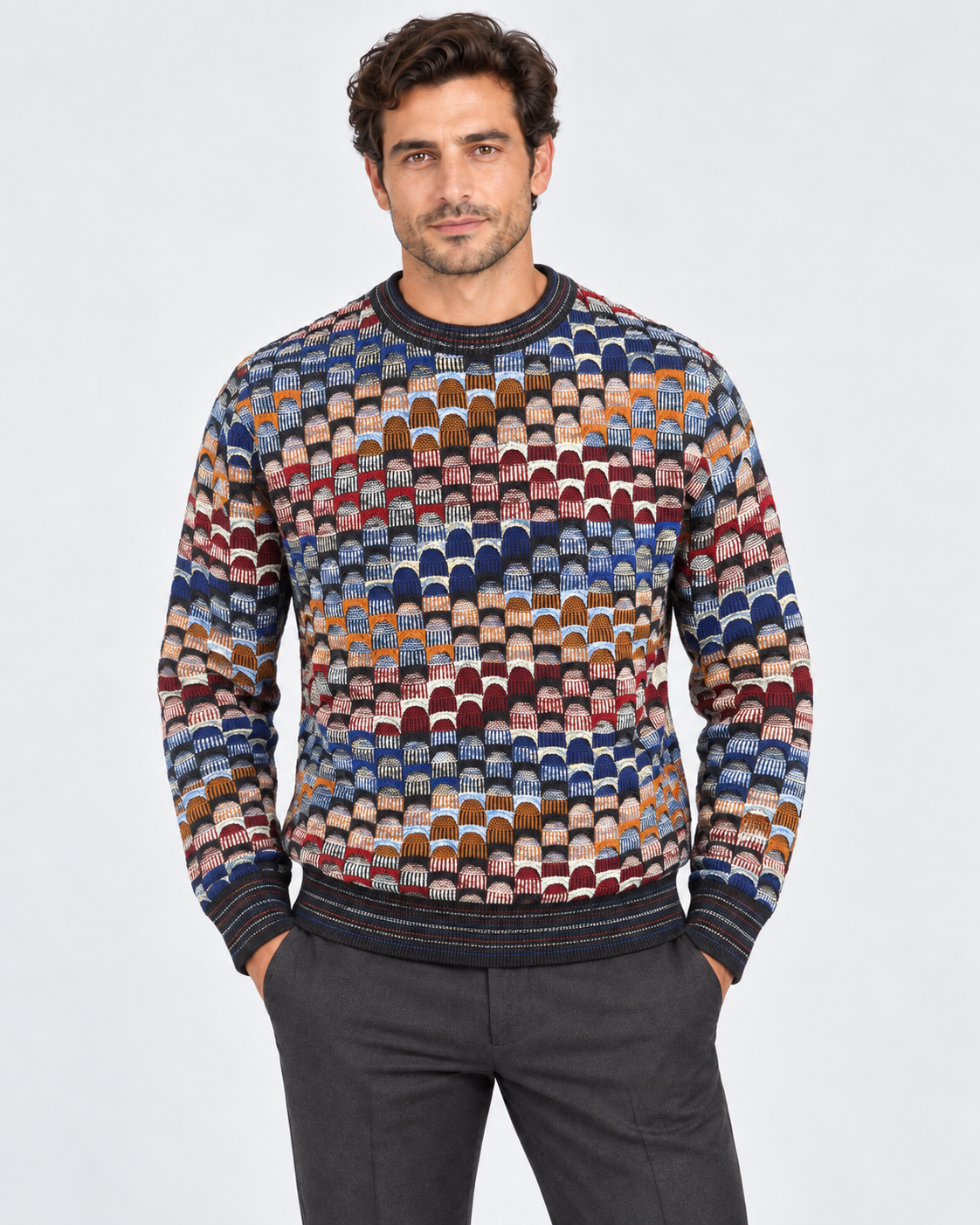 Lorenzoni Maglia girocollo uomo fantasia geometrica multicolore