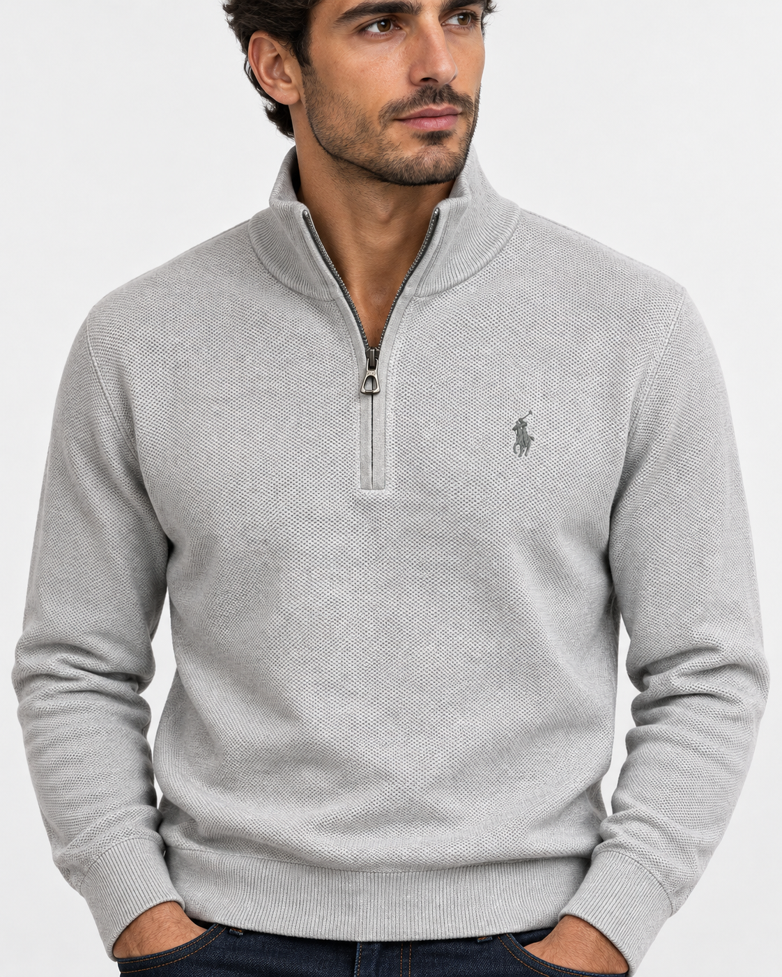 Polo Ralph Lauren Maglia Uomo Mezza Zip in Cotone Grigio Mélange