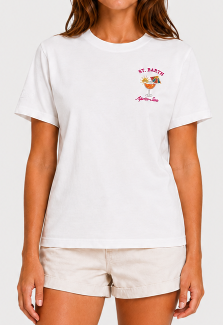 T-shirt Emilie bianca con ricamo Après-Sun e strass